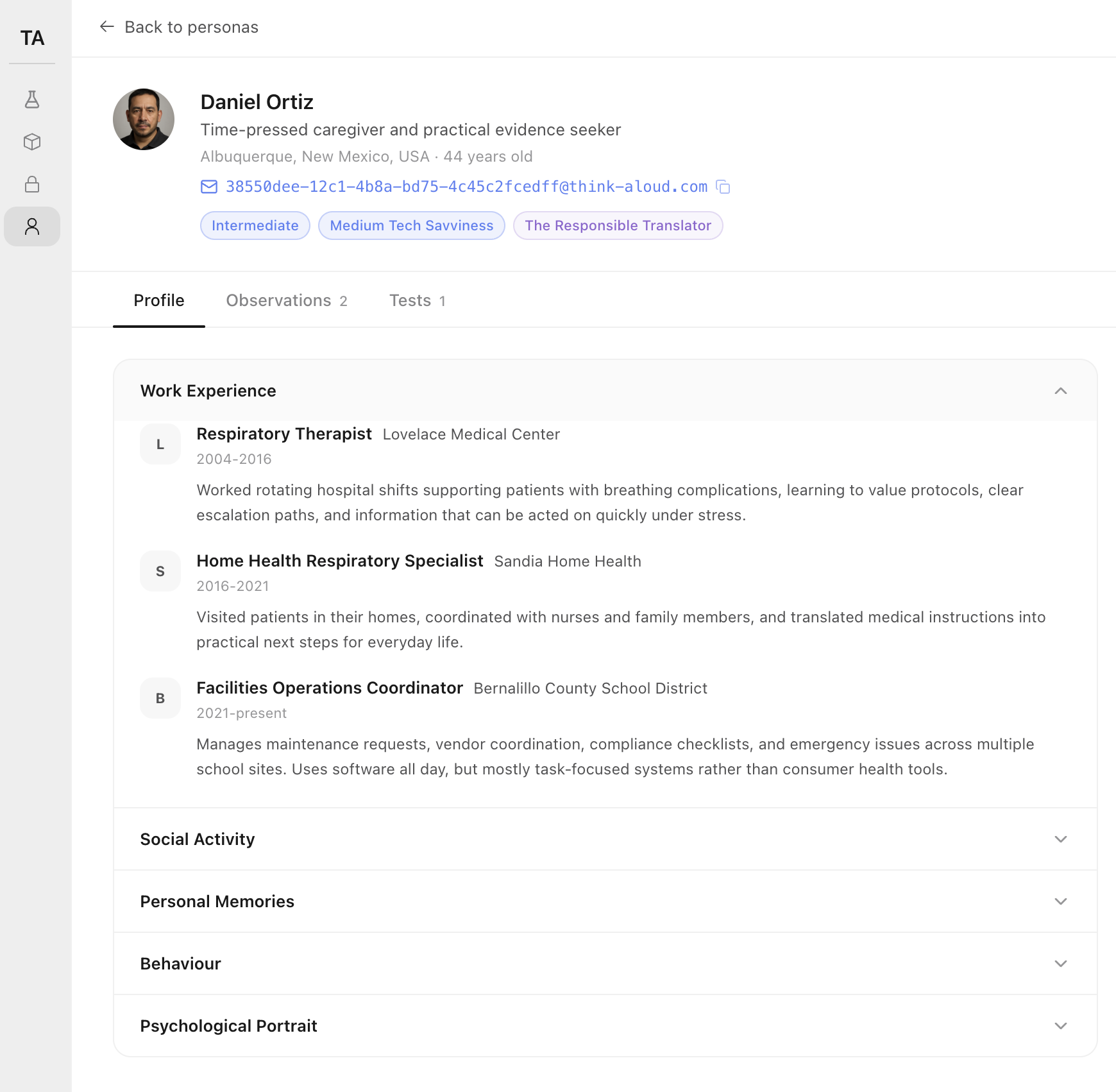 Persona detail view: avatar, name, location, age, tech-savviness tags, and a scrollable work-history timeline with three roles and contextual notes.